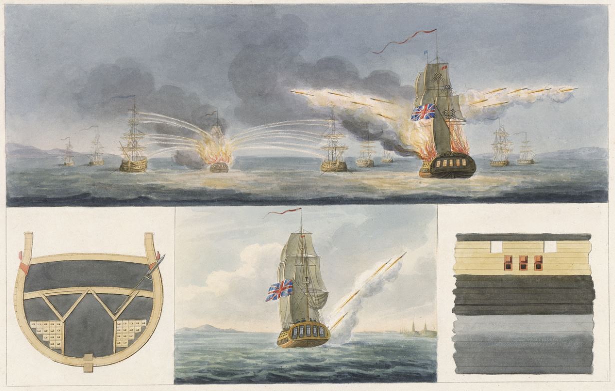 1814년 영국 해군의 로켓 발사 모습.JPG